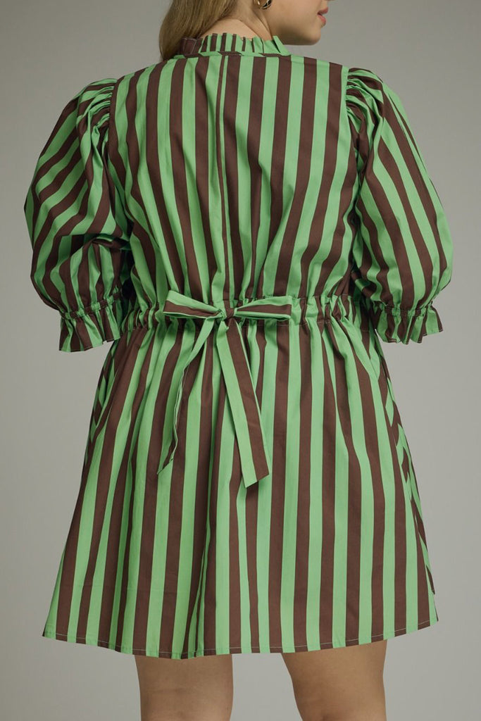 swingy mini dress in muted green and brown vertical stripes