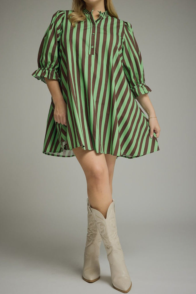 swingy mini dress in muted green and brown vertical stripes