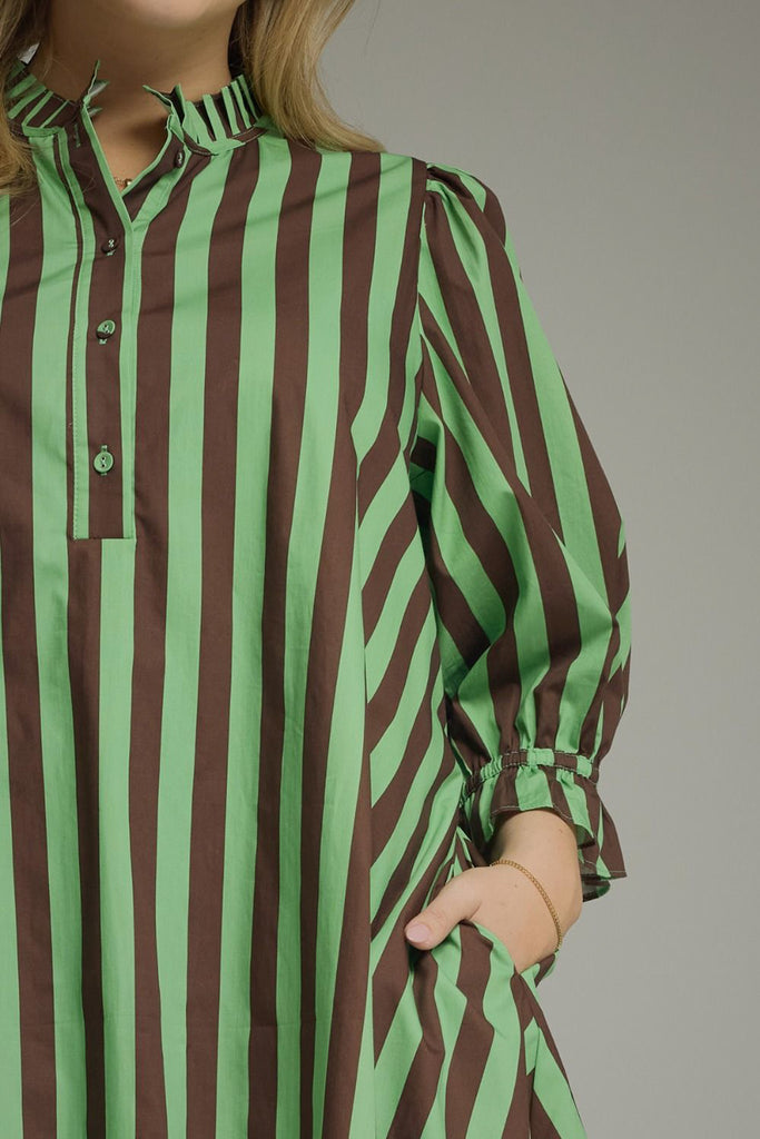 swingy mini dress in muted green and brown vertical stripes