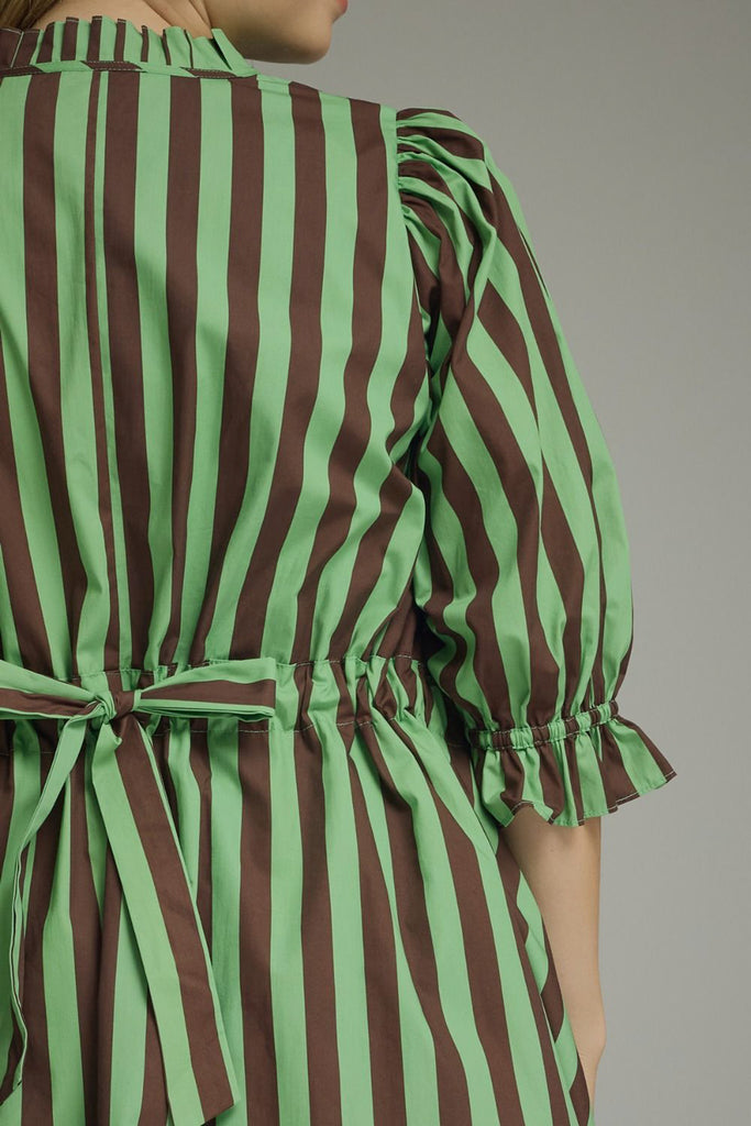 swingy mini dress in muted green and brown vertical stripes