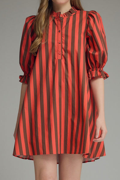 swingy mini dress in red and brown vertical stripes