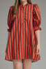 swingy mini dress in red and brown vertical stripes