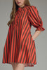 swingy mini dress in red and brown vertical stripes