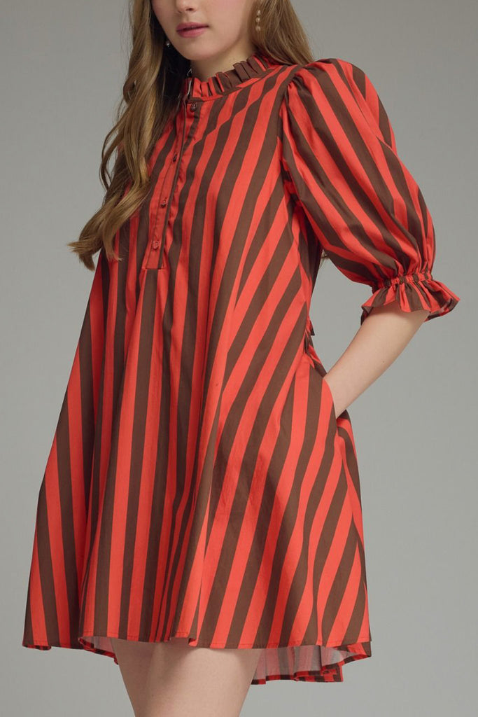 swingy mini dress in red and brown vertical stripes