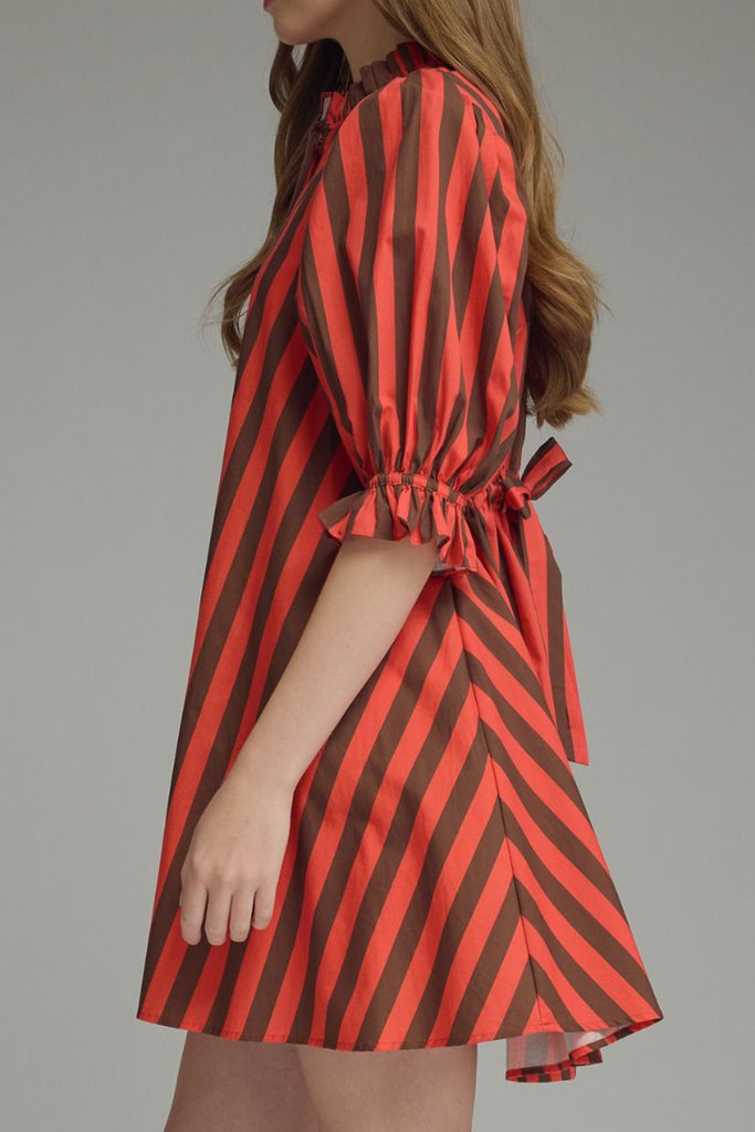 swingy mini dress in red and brown vertical stripes