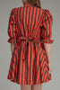 swingy mini dress in red and brown vertical stripes