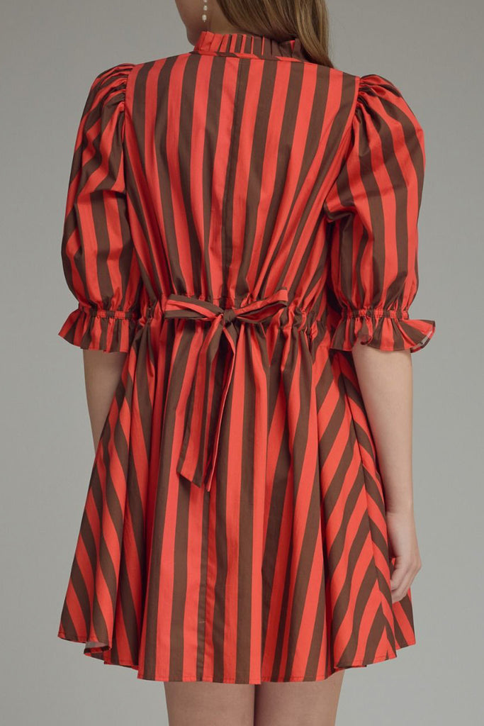 swingy mini dress in red and brown vertical stripes