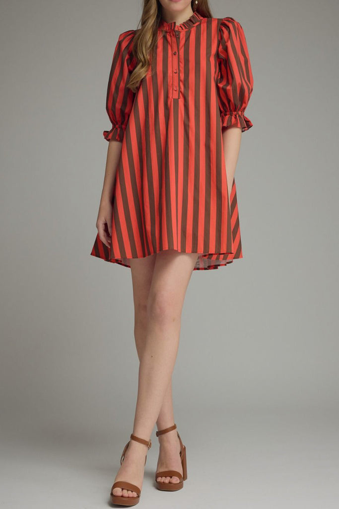 swingy mini dress in red and brown vertical stripes