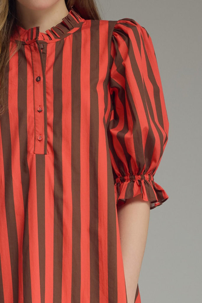 swingy mini dress in red and brown vertical stripes