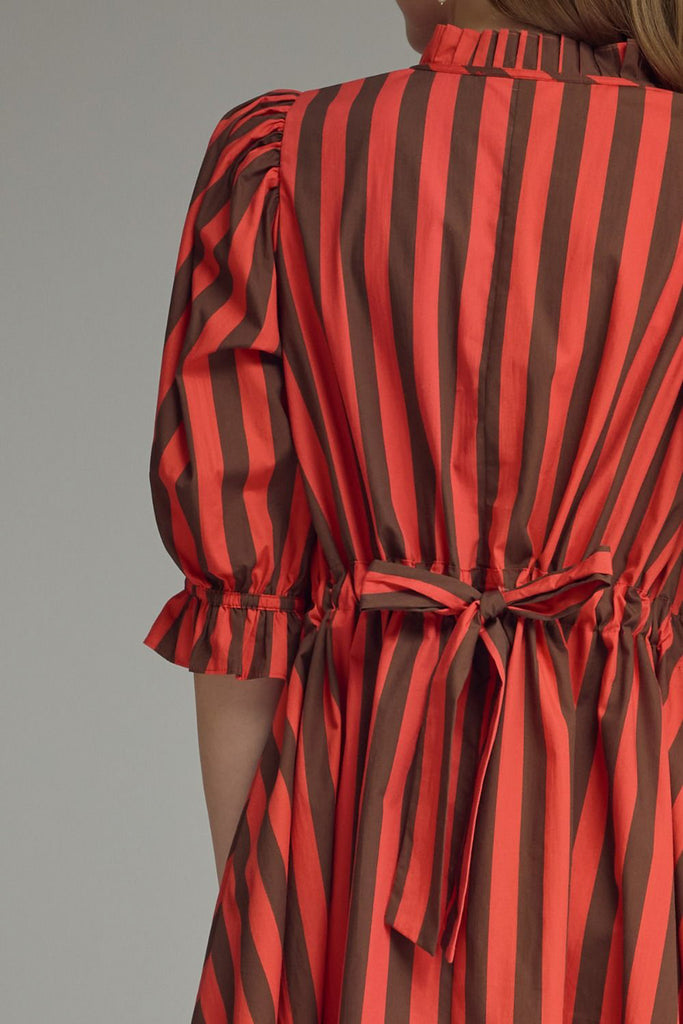 swingy mini dress in red and brown vertical stripes