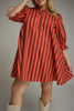 swingy mini dress in red and brown vertical stripes