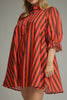 swingy mini dress in red and brown vertical stripes