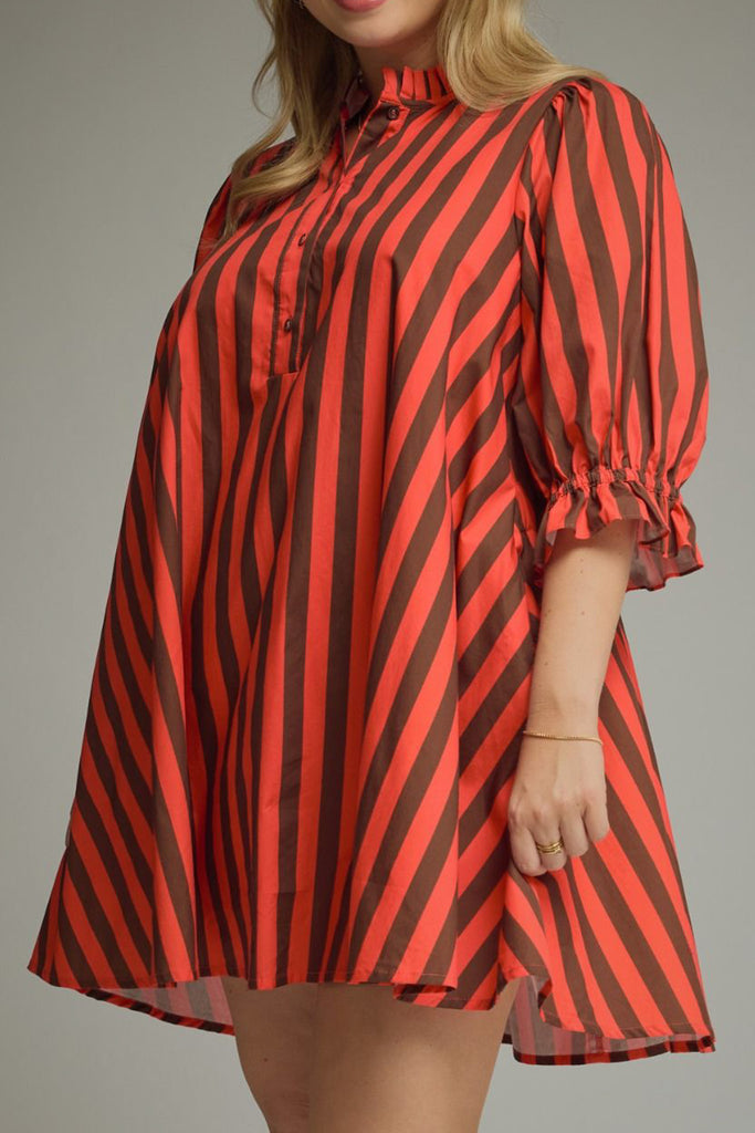 swingy mini dress in red and brown vertical stripes