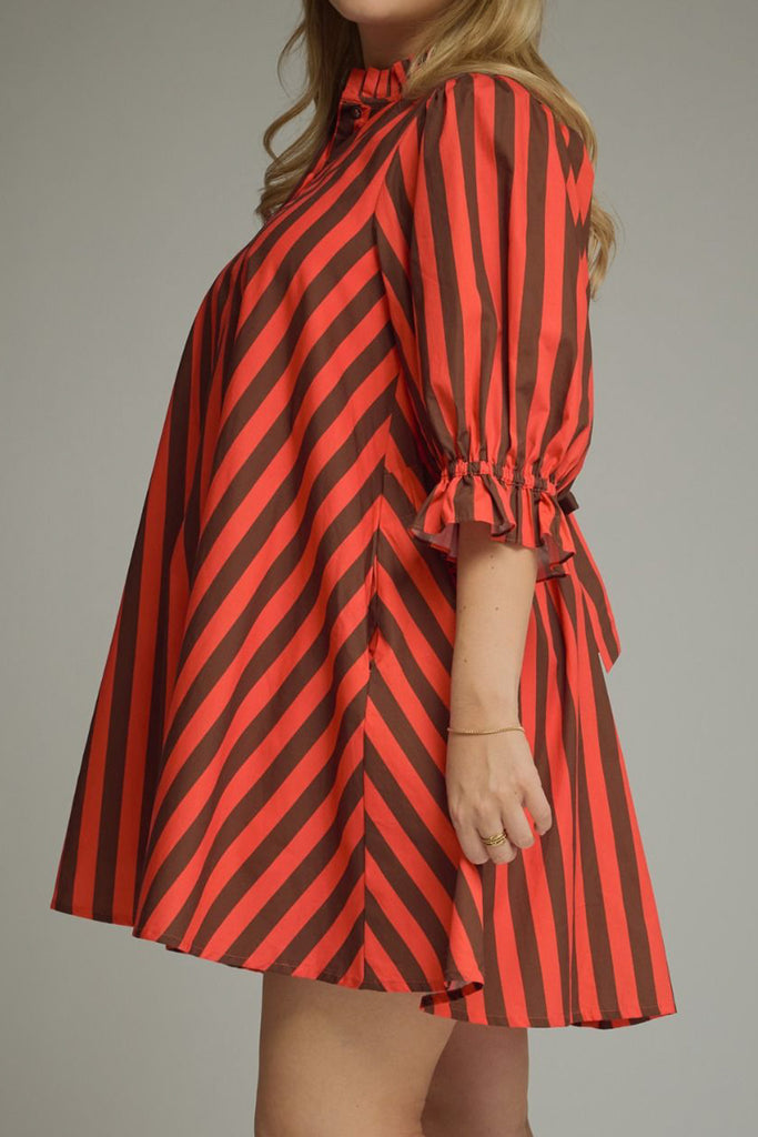 swingy mini dress in red and brown vertical stripes
