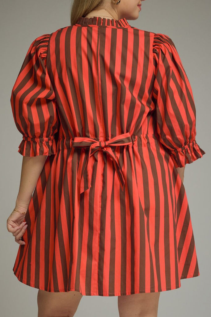 swingy mini dress in red and brown vertical stripes