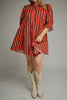 swingy mini dress in red and brown vertical stripes