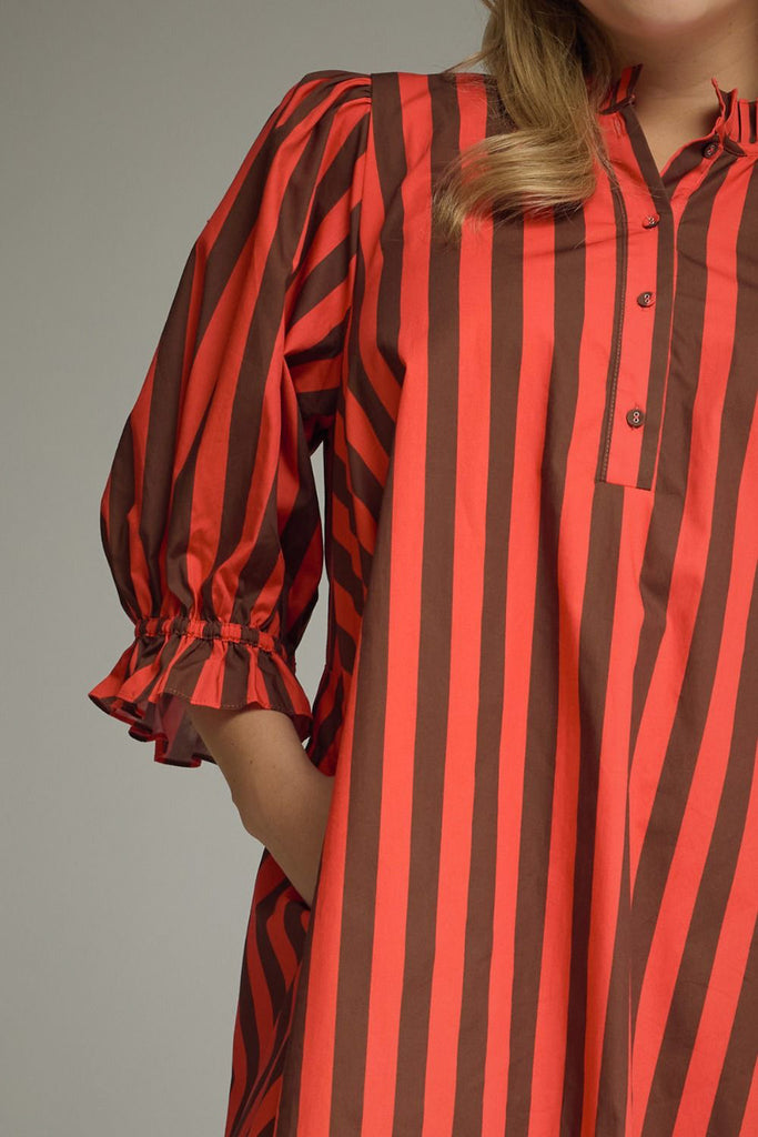 swingy mini dress in red and brown vertical stripes