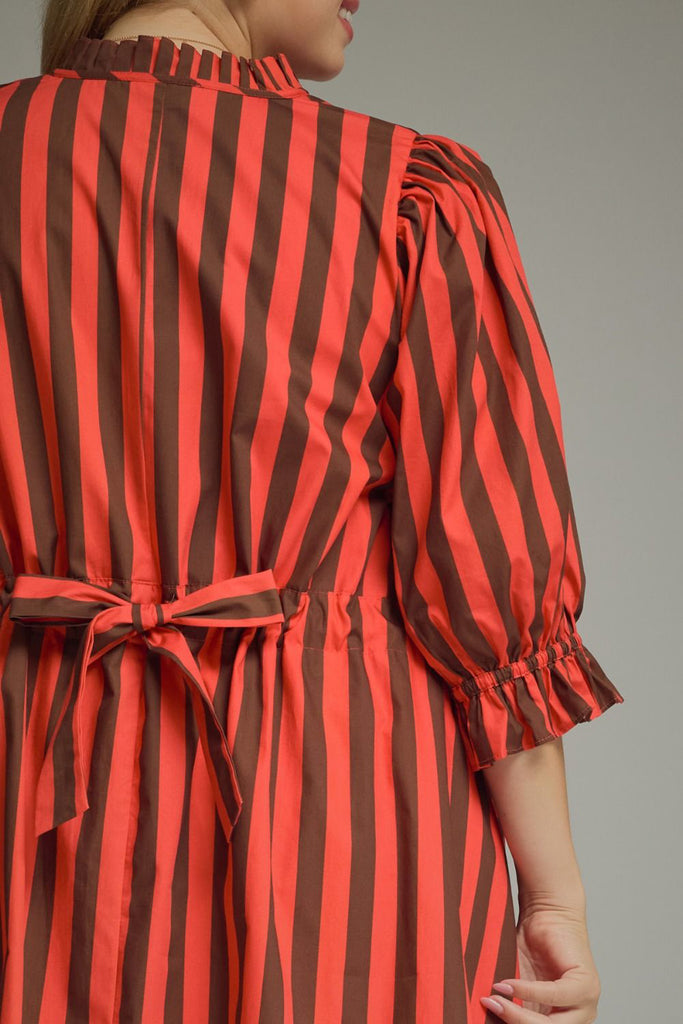 swingy mini dress in red and brown vertical stripes