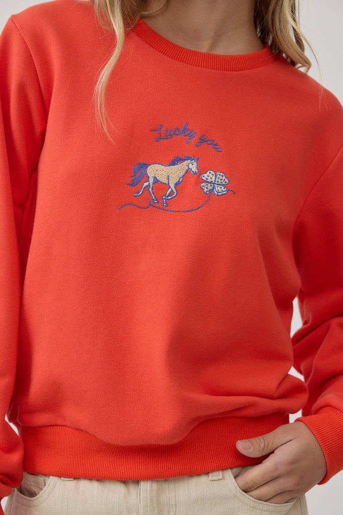 orange crew neck sweatshirt with an embroidered horse design and the message "lucky you."