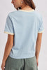 sky blue ringer tee with the message "howdy" in bold orange