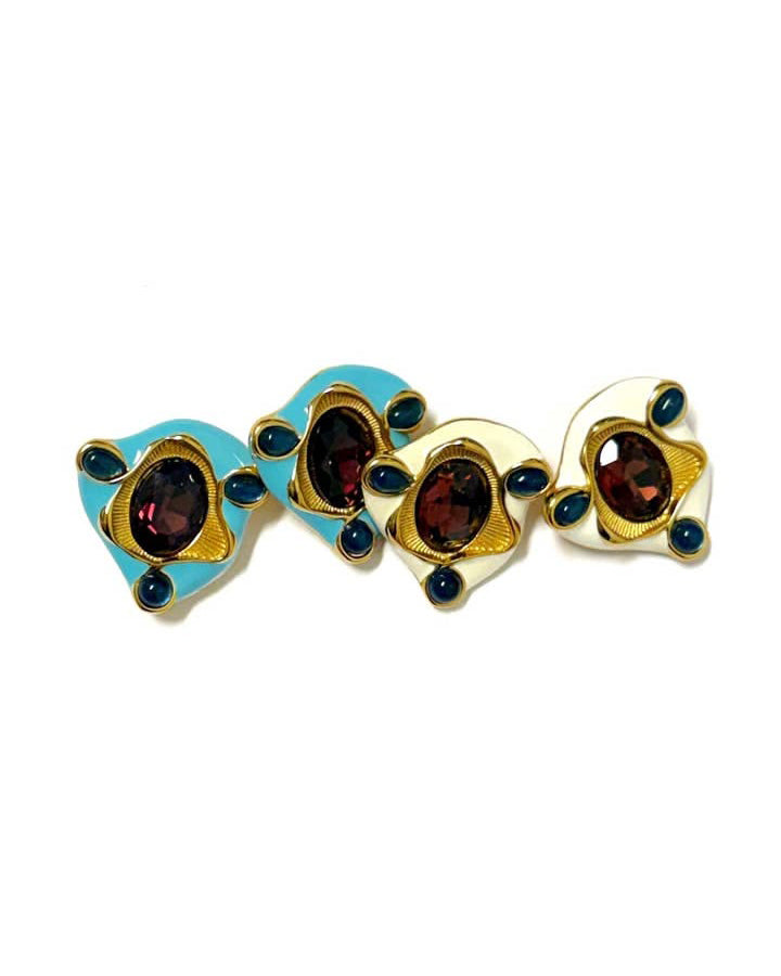 striking earrings with gold, enamel, and shiny stone details