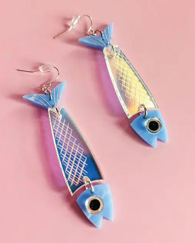 fish lure earrings Boho 18k Gold Plated Hoop Detailed German Resin Charms The Waxwing 1.25in / 3.0cm Iridescent Fish Earrings | Jewelry