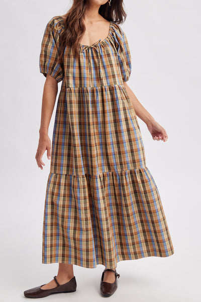 roomy midi dress in a brown plaid pattern