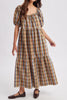 roomy midi dress in a brown plaid pattern