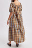 roomy midi dress in a brown plaid pattern