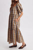 roomy midi dress in a brown plaid pattern