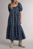 roomy midi dress in a pretty purple plaid pattern