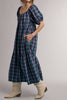 roomy midi dress in a pretty purple plaid pattern