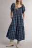 roomy midi dress in a pretty purple plaid pattern