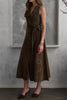brown midi dress with western-inspired embroidered details