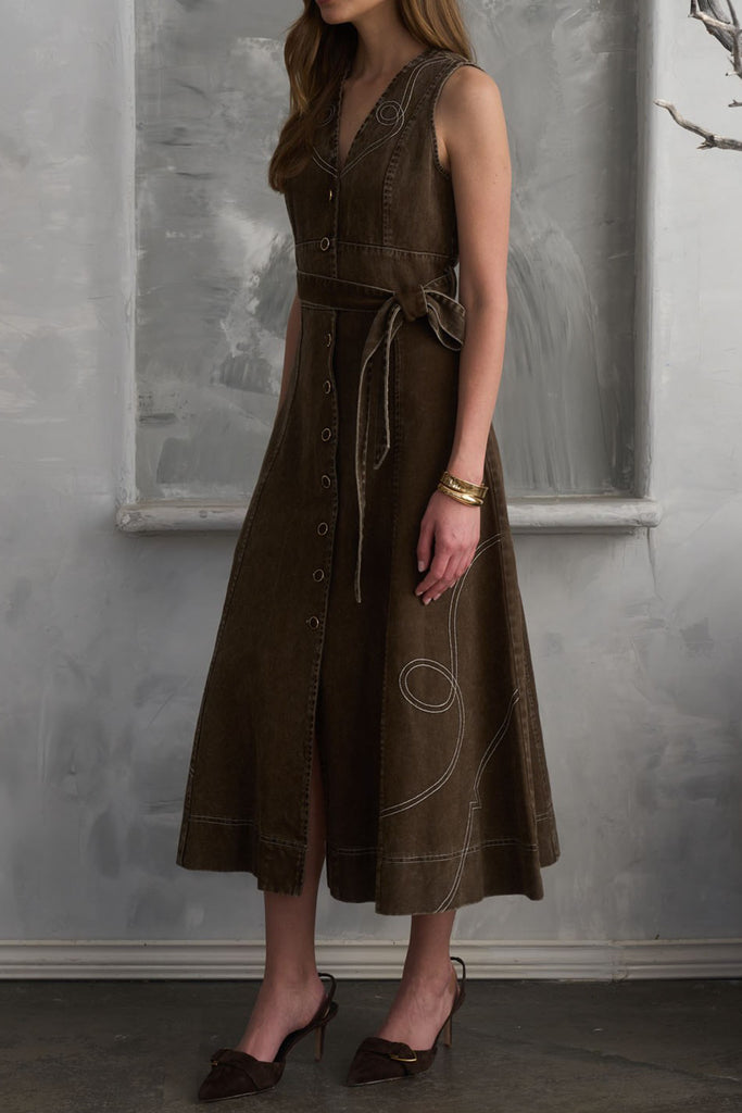 brown midi dress with western-inspired embroidered details