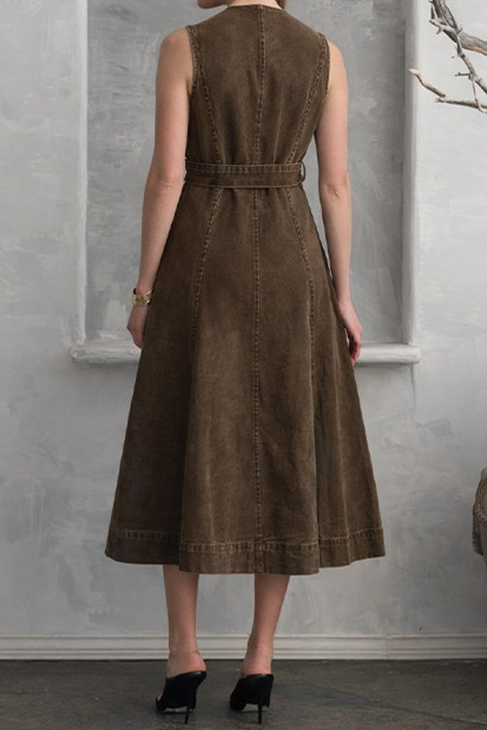 brown midi dress with western-inspired embroidered details