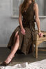 brown midi dress with western-inspired embroidered details