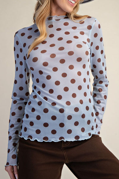 sky blue mesh layering top with polka dots in chocolate brown
