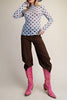 sky blue mesh layering top with polka dots in chocolate brown