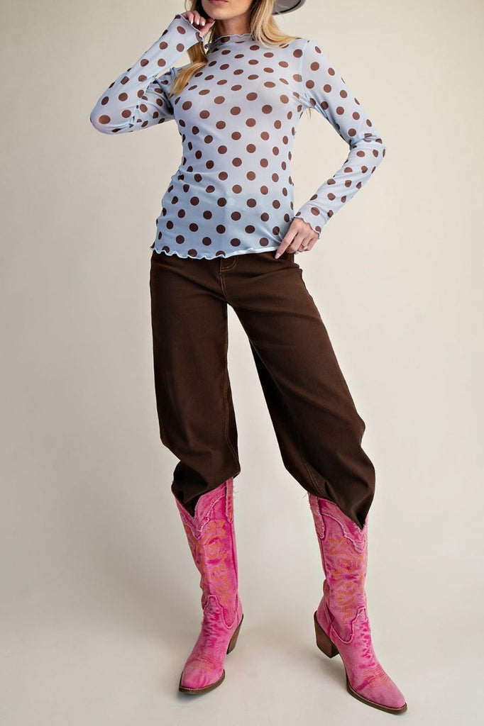 sky blue mesh layering top with polka dots in chocolate brown
