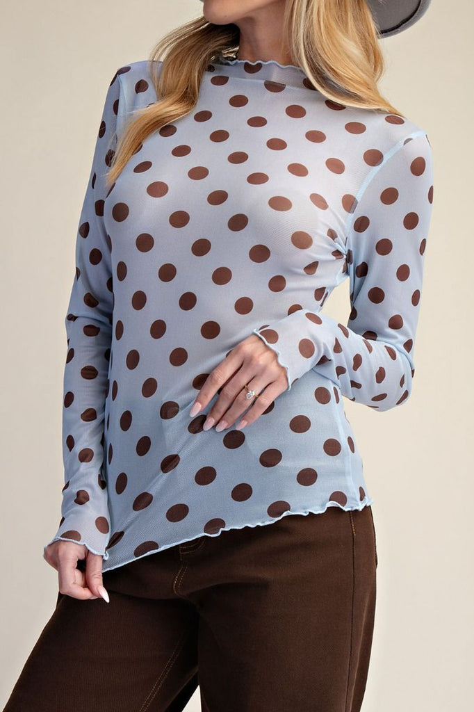 sky blue mesh layering top with polka dots in chocolate brown