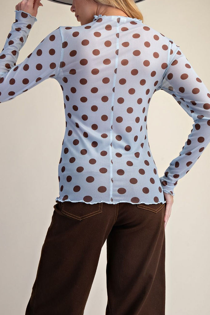 sky blue mesh layering top with polka dots in chocolate brown