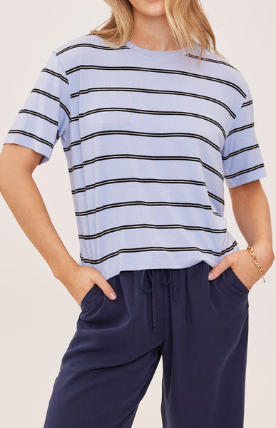 boxy tee in sky blue with black and white stripes 