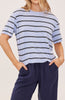 boxy tee in sky blue with black and white stripes 