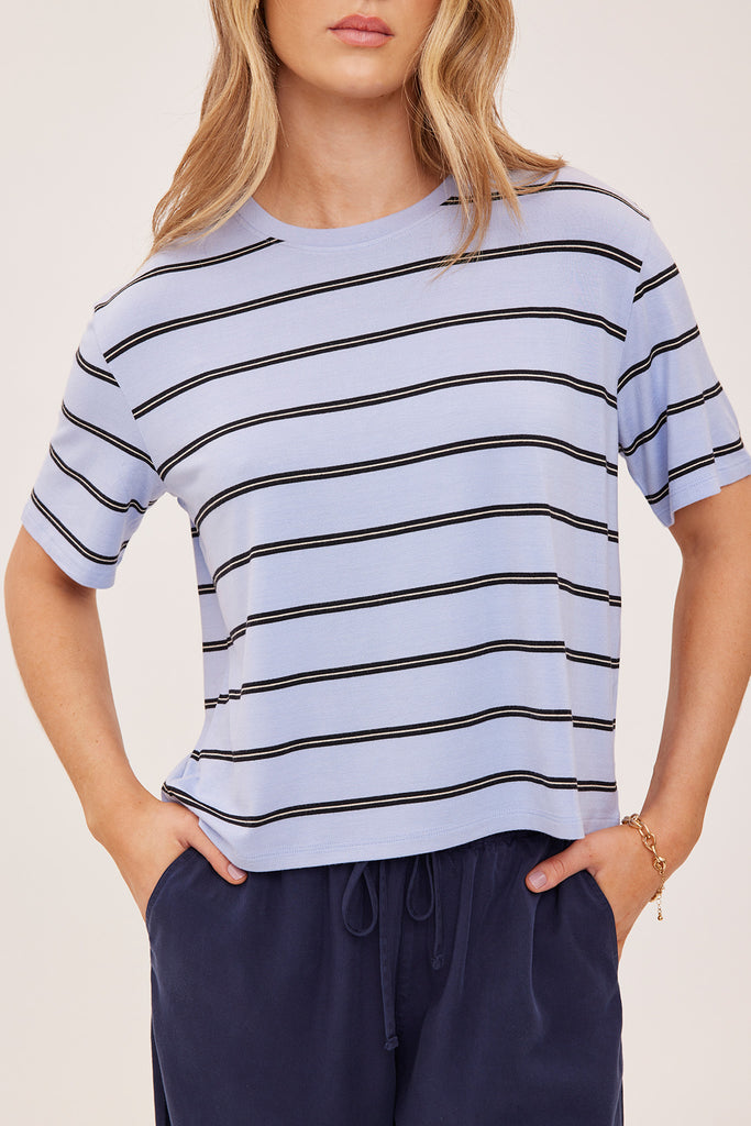 boxy tee in sky blue with black and white stripes 