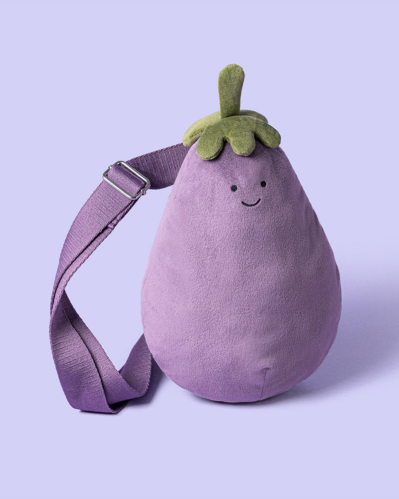 plush eggplant hip pack from jellycat, amuseable eggplant bum bag
