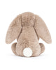 bashful beige birthday bunny, plush beige bunny holding a smiling birthday cake topped with strawberries and a candle