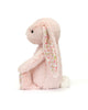 pink plush bunny with floral details on ears and paws