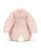 pink plush bunny with floral details on ears and paws