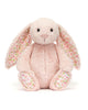pink plush bunny with floral details on ears and paws